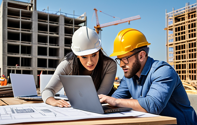 **Image:** A construction site with modern buildings rising in the background. In the foreground, a group of diverse marketing professionals are collaborating on laptops and reviewing architectural plans. Focus on depicting a dynamic and tech-savvy environment.
