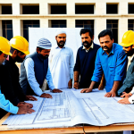 Home 7 Modern Construction Site Meeting**
"A diverse group of construction professionals (engineers, architects, project managers) fully clothed in appropriate attire (shalwar kameez, modest western business wear), gathered around a table on a modern construction site in Karachi, Pakistan. Blueprints and material samples are visible on the table. In the background, construction workers are operating machinery. The image should convey professionalism and collaboration. Safe for work, appropriate content, professional, perfect anatomy, natural pose, well-formed hands, proper finger count, natural body proportions, high quality photo, realistic."
**