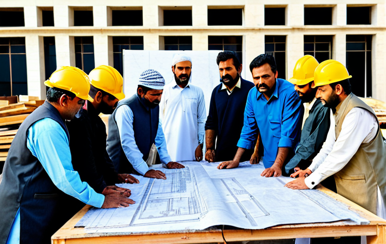 Modern Construction Site Meeting**
"A diverse group of construction professionals (engineers, architects, project managers) fully clothed in appropriate attire (shalwar kameez, modest western business wear), gathered around a table on a modern construction site in Karachi, Pakistan. Blueprints and material samples are visible on the table. In the background, construction workers are operating machinery. The image should convey professionalism and collaboration. Safe for work, appropriate content, professional, perfect anatomy, natural pose, well-formed hands, proper finger count, natural body proportions, high quality photo, realistic."
**
