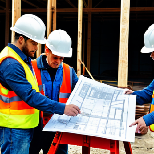 Home 18 **
"A diverse team of construction workers, fully clothed in appropriate safety gear (hard hats, vests, work boots), collaborating on a construction site. They are reviewing blueprints near heavy machinery. Background includes a partially constructed building. Safe for work, professional, appropriate content, perfect anatomy, correct proportions, natural pose, well-formed hands, proper finger count, natural body proportions, high-resolution, realistic lighting, family-friendly."
**